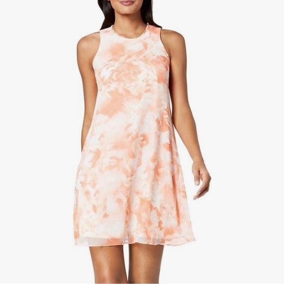 CALVIN KLEIN ~ Blush Pink and White Romantic Floral Print Swing Dress ~ Size 8P - Picture 1 of 5